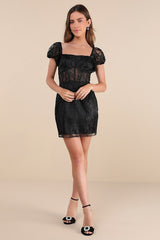 Seriously Cute Black Embroidered Mesh Puff Sleeve Mini Dress