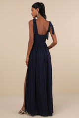 Radiant Charisma Navy Chiffon Ruched Tie-Strap Maxi Dress