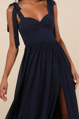 Radiant Charisma Navy Chiffon Ruched Tie-Strap Maxi Dress