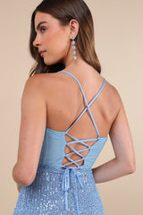Bold Aesthetic Blue Sequin Lace-Up Bodycon Mini Dress
