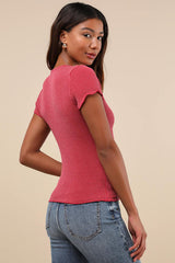 Stylish Appeal Berry Pink Textured Short Sleeve Top