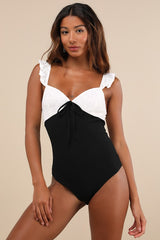 Marvelous Sweetie Ivory and Black Lace Ruffled Bow Bodysuit