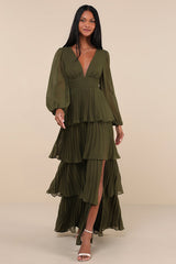 Graceful Finesse Olive Green Pleated Long Sleeve Maxi Dress