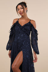 Pleasant Aura Navy Blue Floral Burnout Cold-Shoulder Maxi Dress