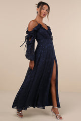 Pleasant Aura Navy Blue Floral Burnout Cold-Shoulder Maxi Dress