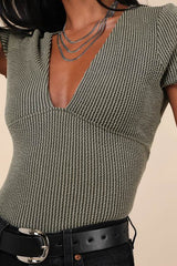 Stylish Appeal Olive Green Textured Short Sleeve Top