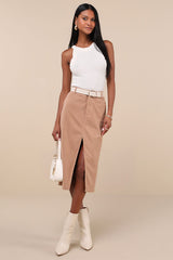 Refreshing Romance Tan Corduroy Midi Skirt