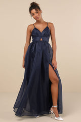 Authentic Glamour Navy Organza Sleeveless Cutout Maxi Dress
