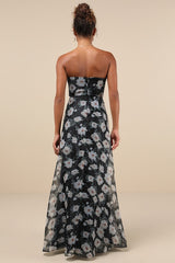 Chic Preciousness Black Floral Organza Bustier Maxi Dress