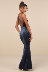 Immensely Luxe Navy Blue Velour Backless Mermaid Maxi Dress