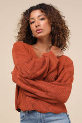 Cute Lifestyle Rust Orange Pointelle Knit V-Neck Sweater Top
