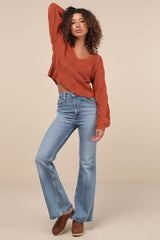 Cute Lifestyle Rust Orange Pointelle Knit V-Neck Sweater Top