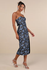 Beloved Belle Black Multi Jacquard Strapless Bow Midi Dress