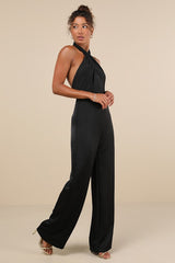 Beyond Classy Black Satin Halter Wide-Leg Jumpsuit