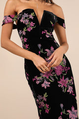 Enchanting You Black Burnout Velvet Off-the-Shoulder Maxi Dress