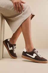 Notice Dark Brown Suede Leather Color Block Lace-Up Sneakers