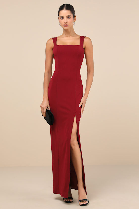Inspiring Allure Wine Red Square Neck Column Maxi Dress