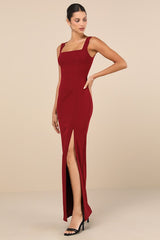 Inspiring Allure Wine Red Square Neck Column Maxi Dress