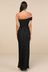 Poised Performance Black Plisse One-Shoulder Maxi Dress