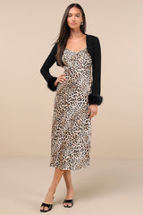 Beyond Confident Leopard Print Satin Slip Dress and Shrug Set