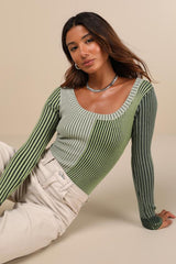 Mod Cutie Green Color Block Ribbed Long Sleeve Bodysuit