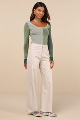 Mod Cutie Green Color Block Ribbed Long Sleeve Bodysuit