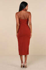 Prominent Charm Rust Brown Halter Bodycon Tulip Midi Dress
