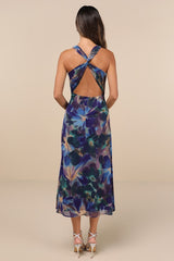 Delight in Elegance Navy Blue Multi Floral Halter Midi Dress
