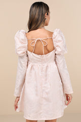 Lavish Sweetie Blush Jacquard Puff Shoulder Babydoll Mini Dress