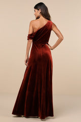 Coveted Confidence Rust Orange Velvet Asymmetrical Maxi Dress