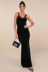 Perfectly Classy Black Velvet Strappy Maxi Dress