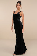 Perfectly Classy Black Velvet Strappy Maxi Dress