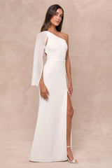 Majestic Attitude White Cape Sleeve One-Shoulder Maxi Dress