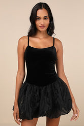 Coquette Energy Black Polka Dot Velvet Drop Waist Mini Dress