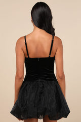 Coquette Energy Black Polka Dot Velvet Drop Waist Mini Dress