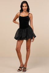 Coquette Energy Black Polka Dot Velvet Drop Waist Mini Dress