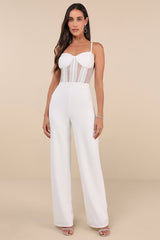 Perfectly Sultry White Sheer Mesh Bustier Wide-Leg Jumpsuit