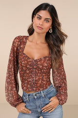 Feeling So Cute Brown Floral Mesh Balloon Sleeve Crop Top