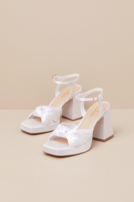 Remie White Satin Knotted Platform High Heel Sandals
