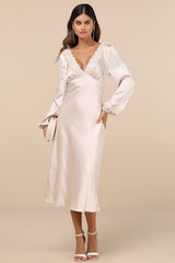 Illustrious Elegance Champagne Satin Long Sleeve Midi Dress