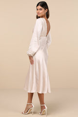 Illustrious Elegance Champagne Satin Long Sleeve Midi Dress