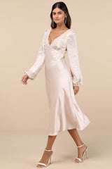 Illustrious Elegance Champagne Satin Long Sleeve Midi Dress