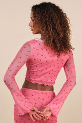 Cutest Appeal Pink Floral Mesh Bow Ruffled Long Sleeve Crop Top
