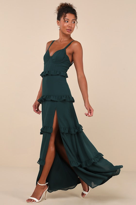 Sincerely Poised Emerald Backless Bustier Tiered Maxi Dress