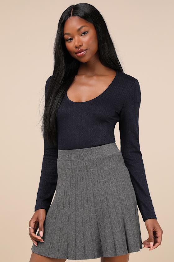 Simple Adoration Navy Pointelle Scoop Neck Long Sleeve Top