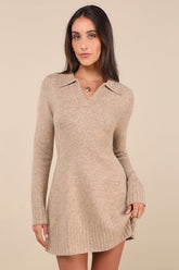 Soft Serenity Heather Taupe Collared Sweater Mini Dress