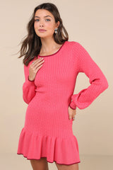 Coziest Poise Pink Cable Knit Long Sleeve Sweater Mini Dress