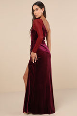 Lavish Style Dark Magenta Velvet Mesh One-Shoulder Maxi Dress