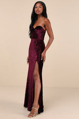 Classy Sensation Plum Velvet Pleated Strapless Maxi Dress