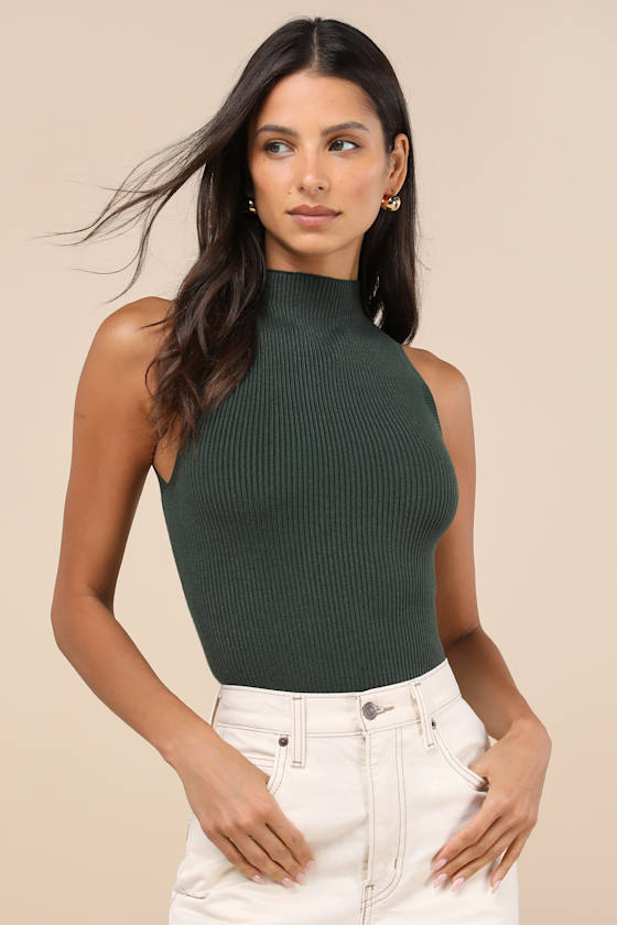 Seasonal Sophistication Green Ribbed Mock Neck Sweater Tank Top